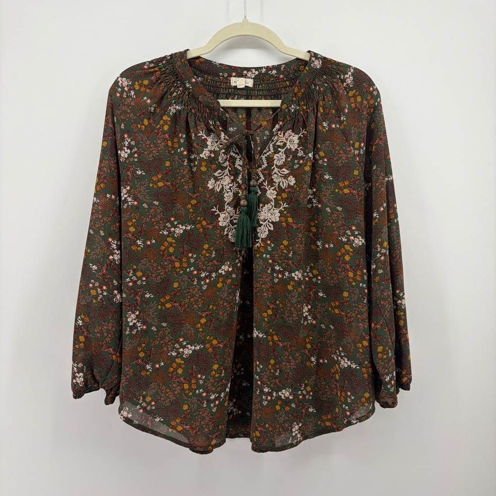 Mason & Belle Womens L Green Floral Peasant Blouse Keyhole Tassel Top